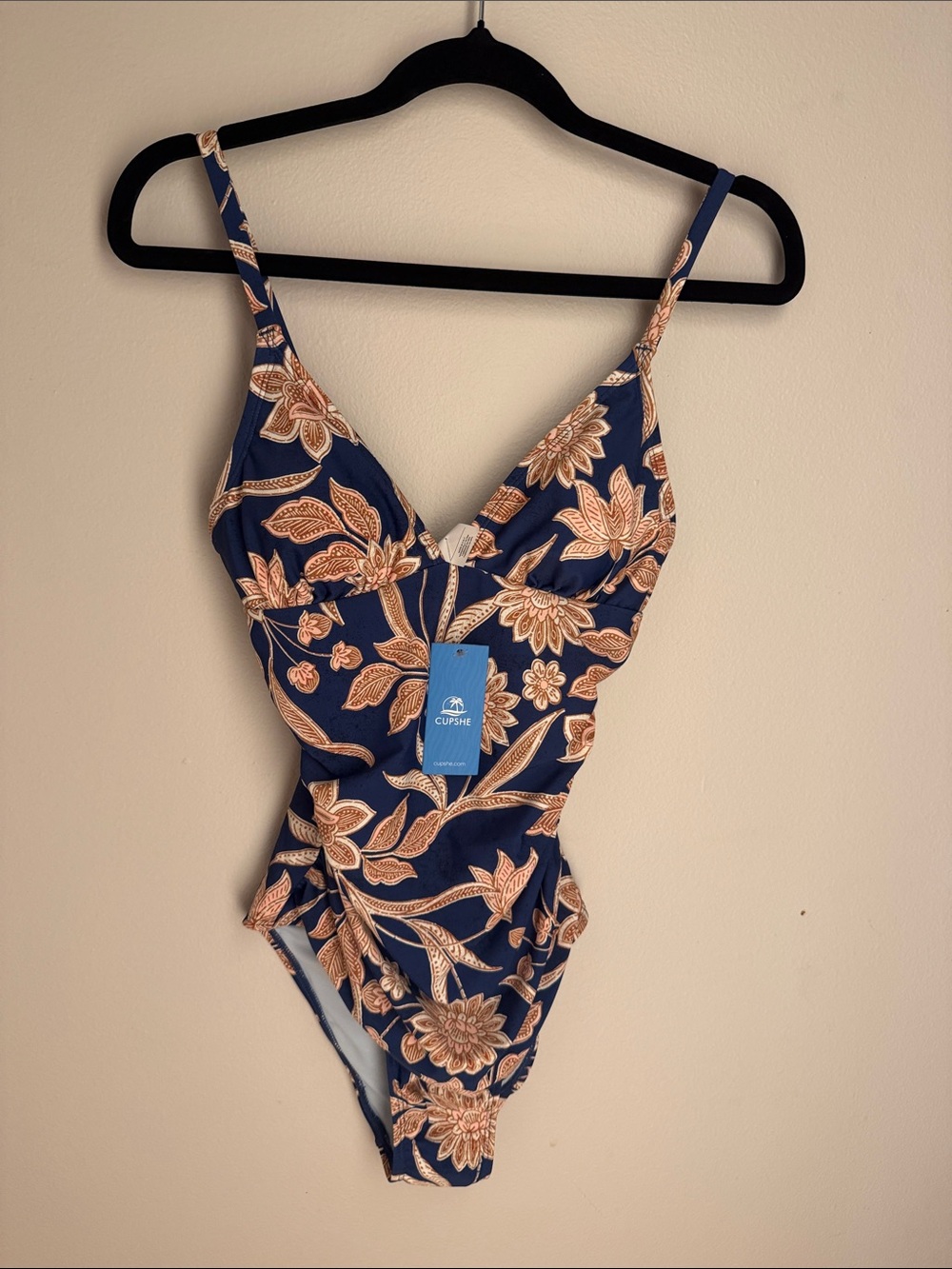 Cupshe Navy One-Piece Swimsuit with Peach Floral Print NWT